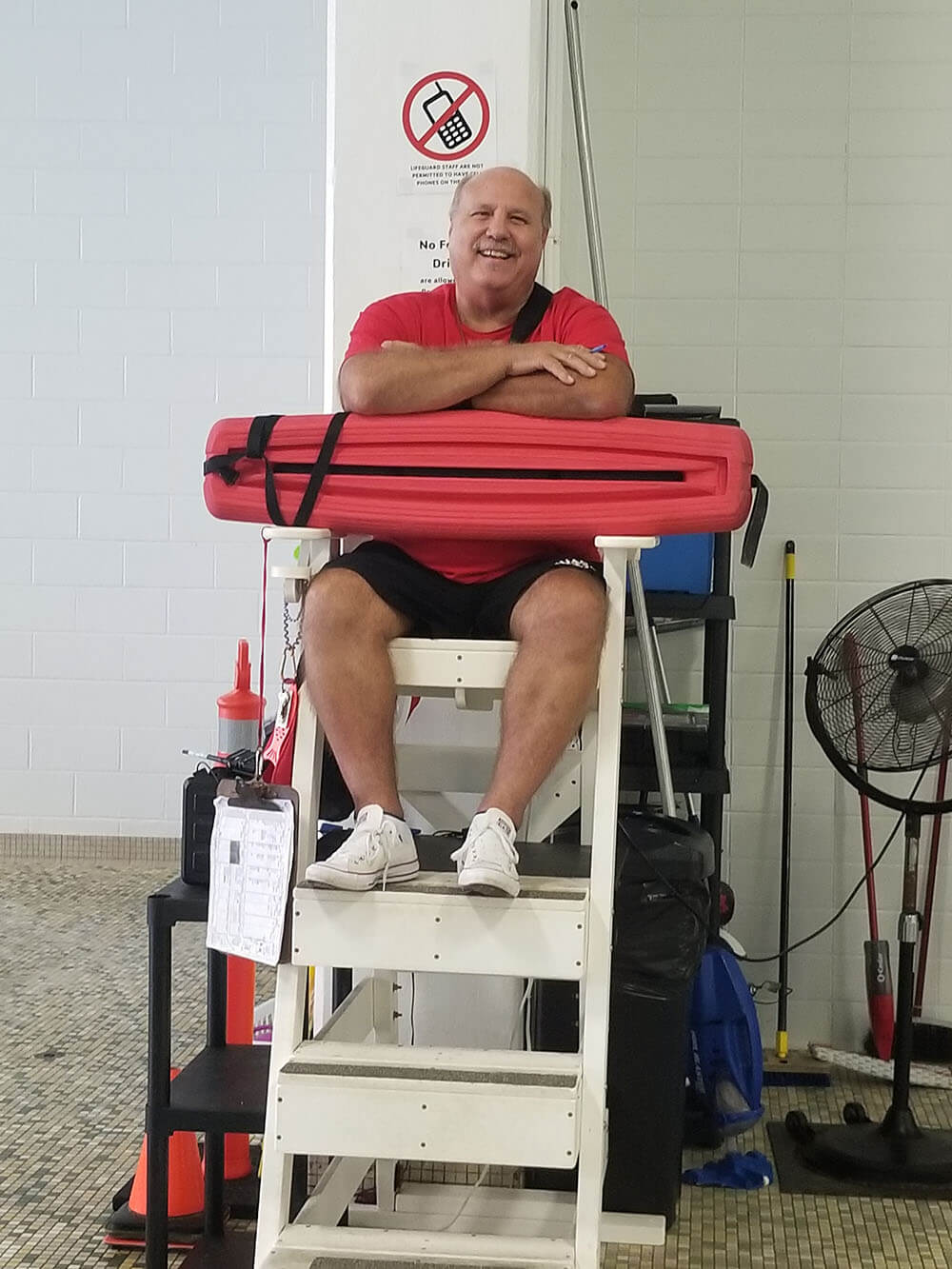 Larry the Lifeguard sitting on the Lifeguard stand